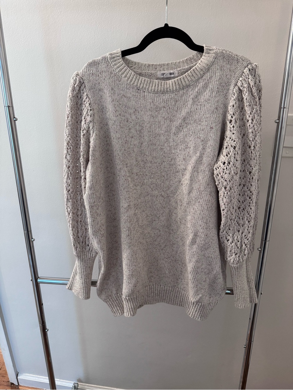 Steve Madden Cream Lace-Knit Sleeve Crewneck Sweater